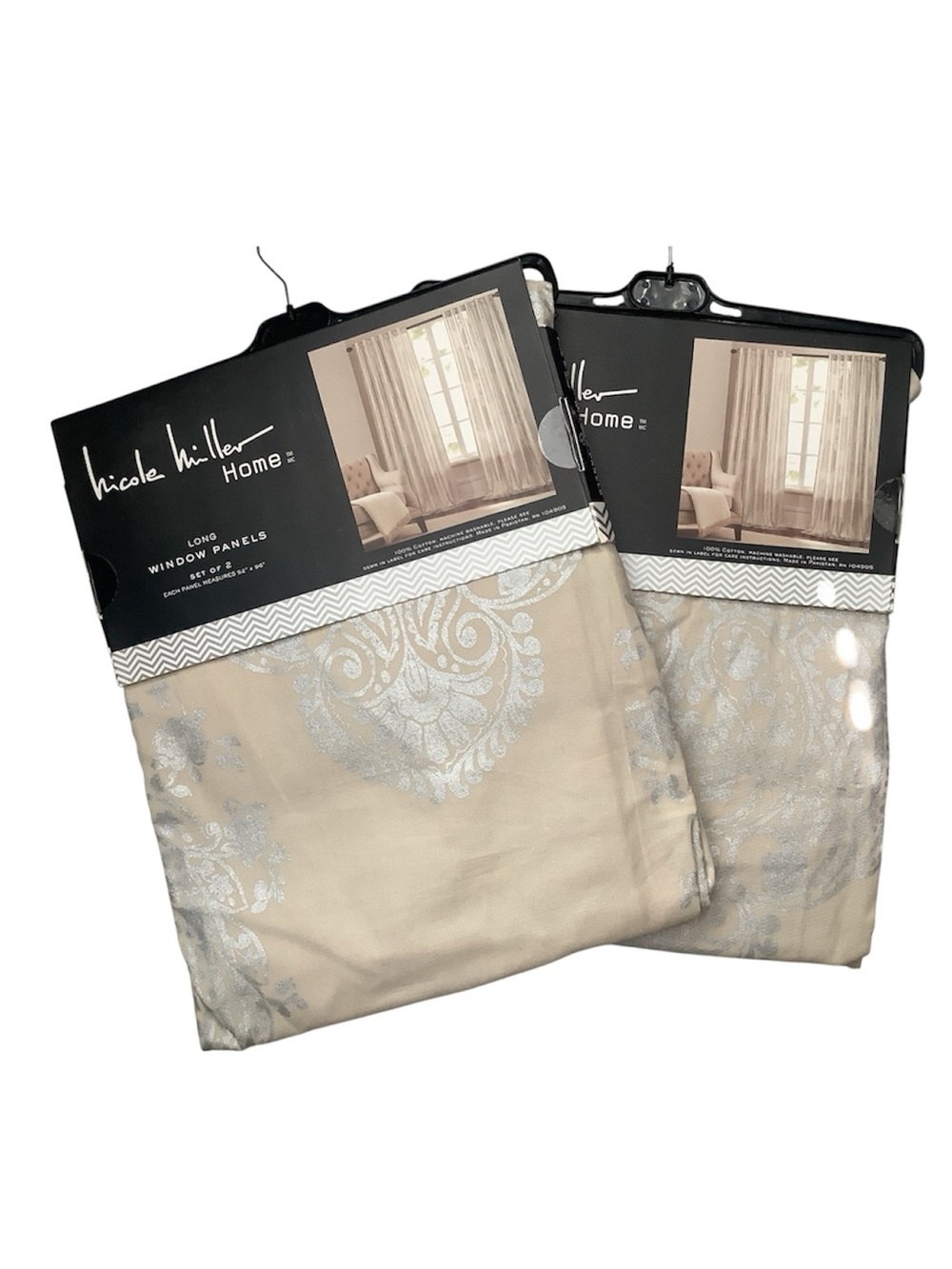 NWT Nicole Miller Home Metallic Damask Window Panels - Beige & Silver